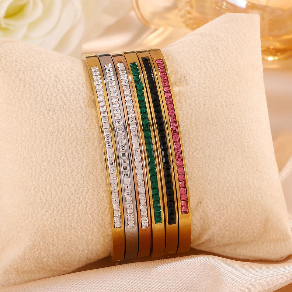 ZAKOL 6 Colors Colorful Geometric Zircon Inlaid Stainless Steel Bracelets for Women Men Versatile Fashion Bohemian Jewelry