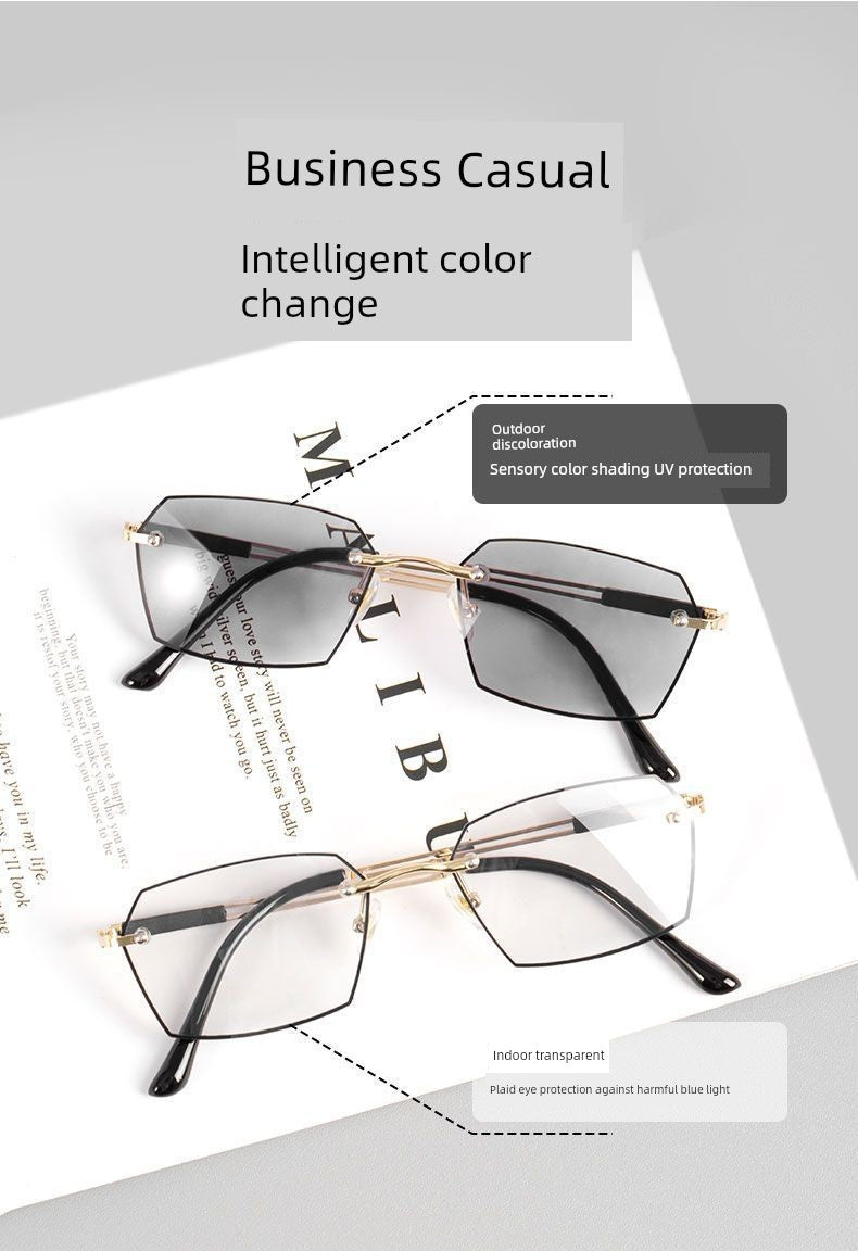 Frameless Business Color-Changing Reading Glasses Men Middle-Aged and Elderly HD Anti-Blue Ray Radiation Indoor and Outdoor Dual-Use Presbyopic Glasses