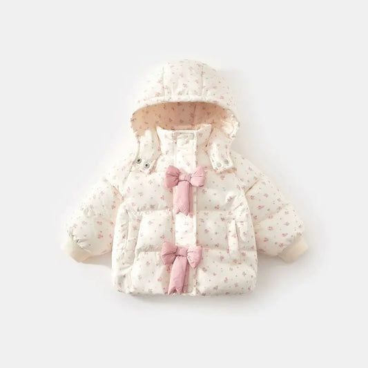Winter 2024 Girls Plush New Fashion Sweet Floral Cotton Jacket Baby Cotton Hooded Autumn and Winter Bow Coat