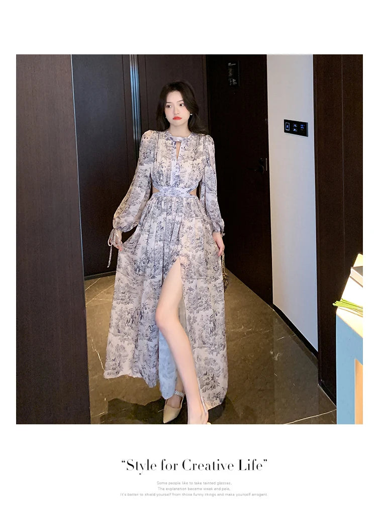 Elegant Boho Vintage Dress 2025 Spring Casual Printed Maxi Vestido Woman Sexy Hollow Waist Chiffon Beach Dress Female Clothing