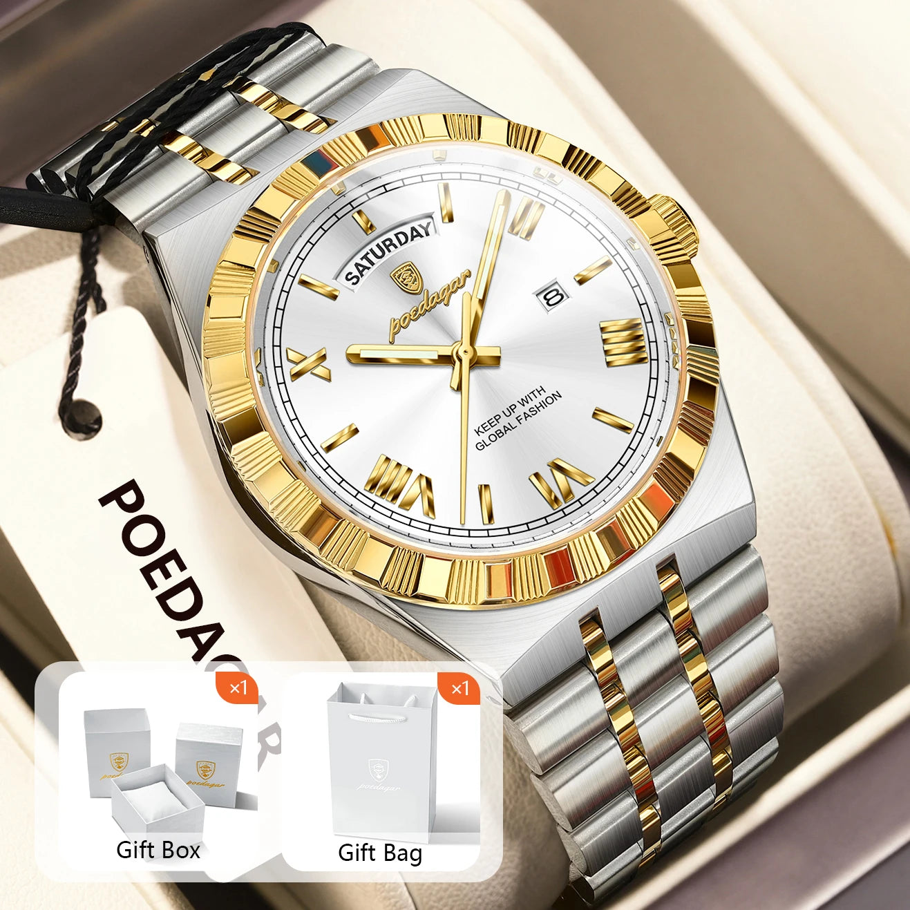 POEDAGAR Original Male Watch Luminous Waterproof Week Date Men Wristwatch Stainless Steel Business Quartz Men's Watches Gift+Box