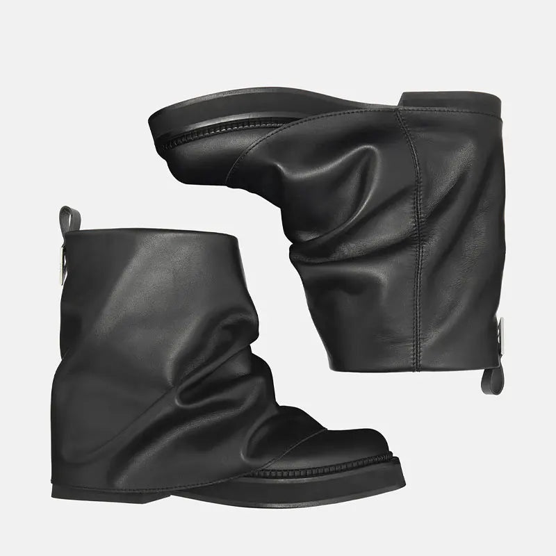 Women's New Autumn and Winter Calf Boots with Pleated Thick High Heels and Fashionable Oversized Street Leather Mid Leg Boots