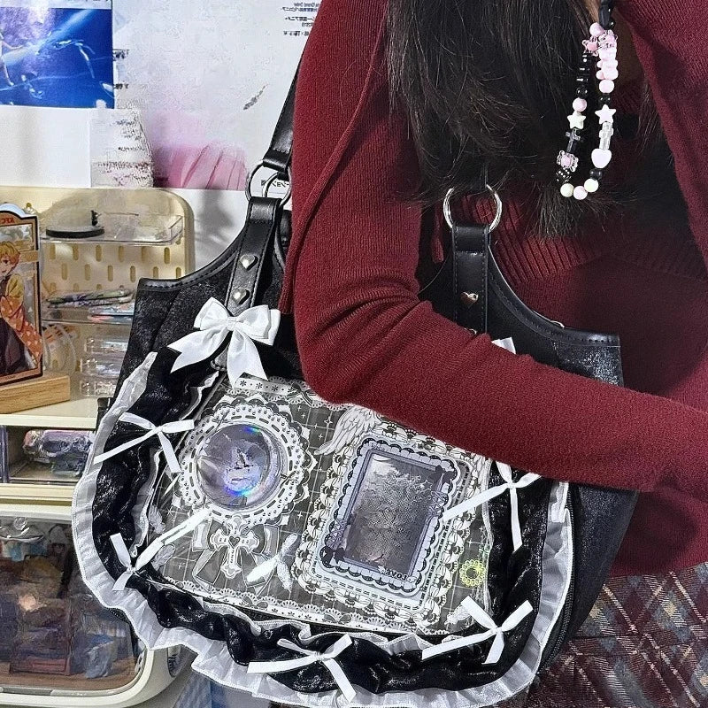 Women Luxury Design Ruffled Lolita Handbag Punk Gothic Bow Crossbody Bags Transparent Sweet Lace Shoulder Ita Bag Y2k Aesthetic