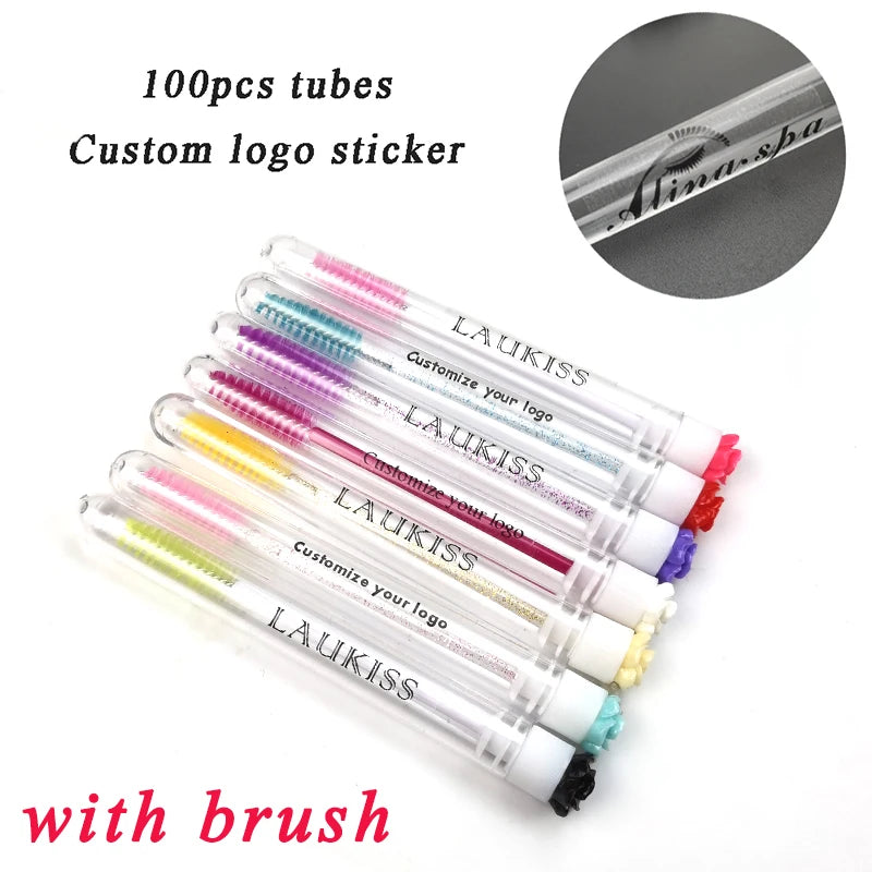 Customized Logo sticker 100pcs Eyebrow Brush Tube Reusable Eyelash Brush Tube Dust-Proof Mascara Sticks Applicators Makeup Brush