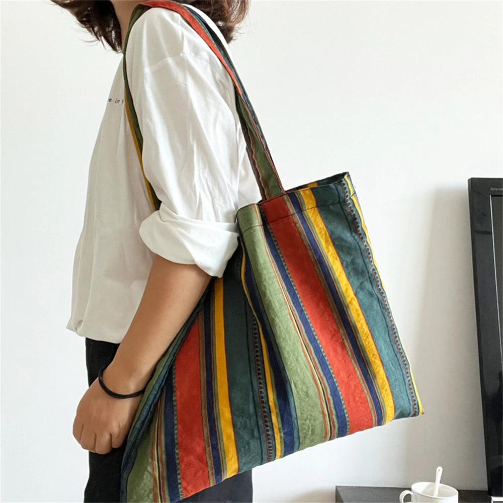 Retro Women's Canvas Shoulder Bag Rainbow Striped Linen Shopping Bag Eco Large Capacity Handbag Tote for Girls Christmas Gifts