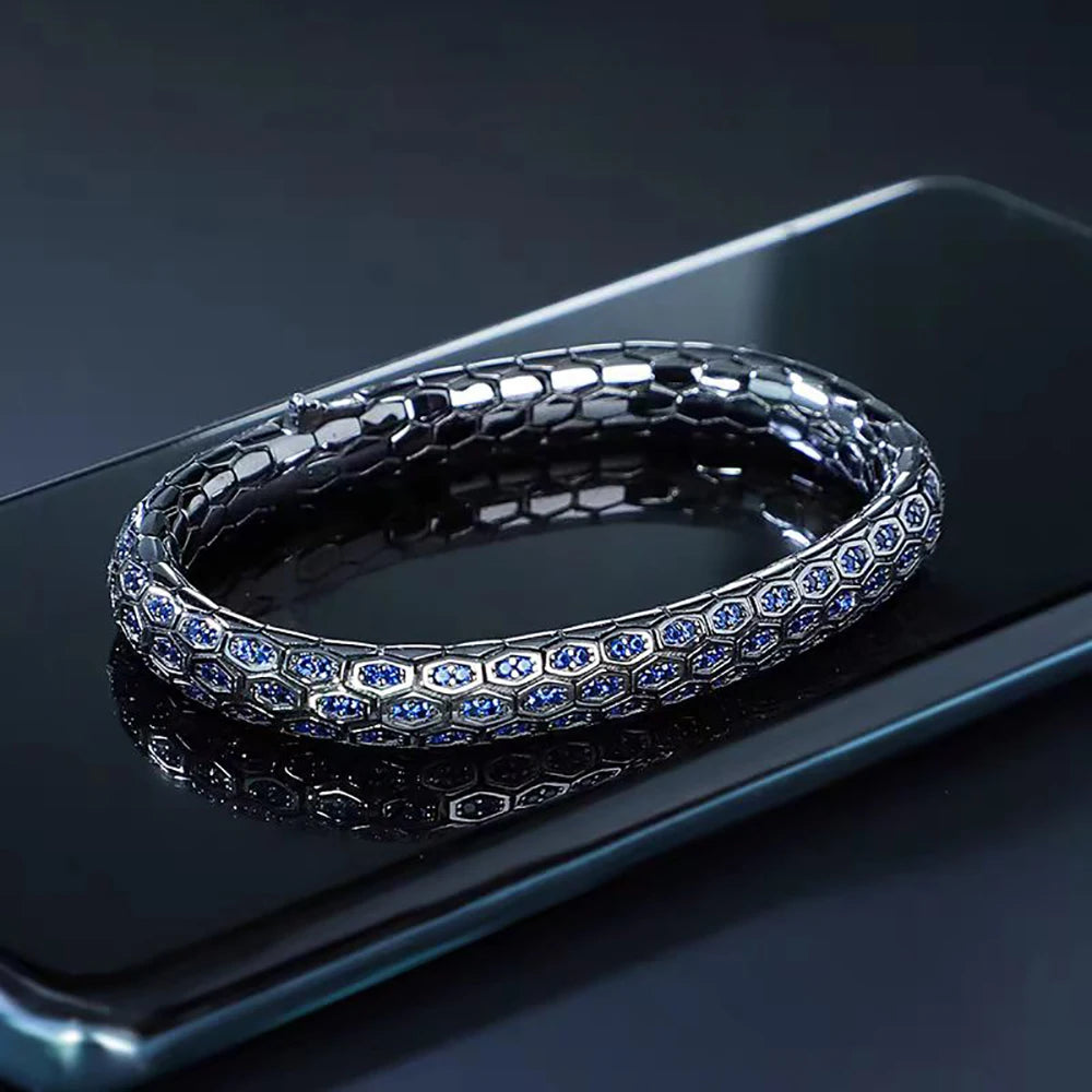 Serpent Honeycomb Bangle Micro Pave CZ Sapphire White Green Black Crystal Zircon Anti-tarnish Party Jewelry for Her Him