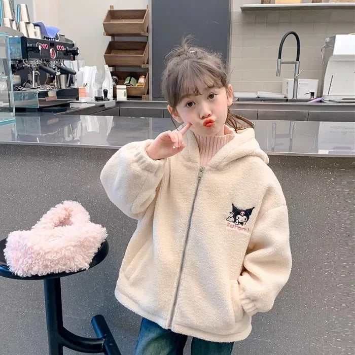 Winter 2025 New Cartoon Sanrio Kuromi Girls' Velvet Jacket Plus Velvet Children'S Polar Fleece Hooded Clothes Girls Winter Cloth