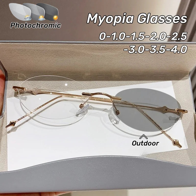 New Photosensitive Color Changing Myopia Glasses Retro Oval Frameless Anti Blue Light Goggles for Men and Women Reading Glasses