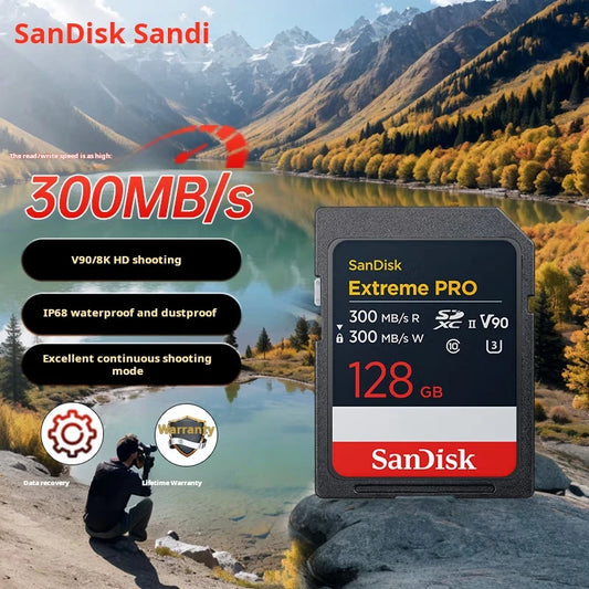 SanDisk 128GB SD Memory Card, V90 8K U3 C10, High-Speed Camera Memory Card, Read Speed 300MB/s, IP68, Cinema-Grade Shooting