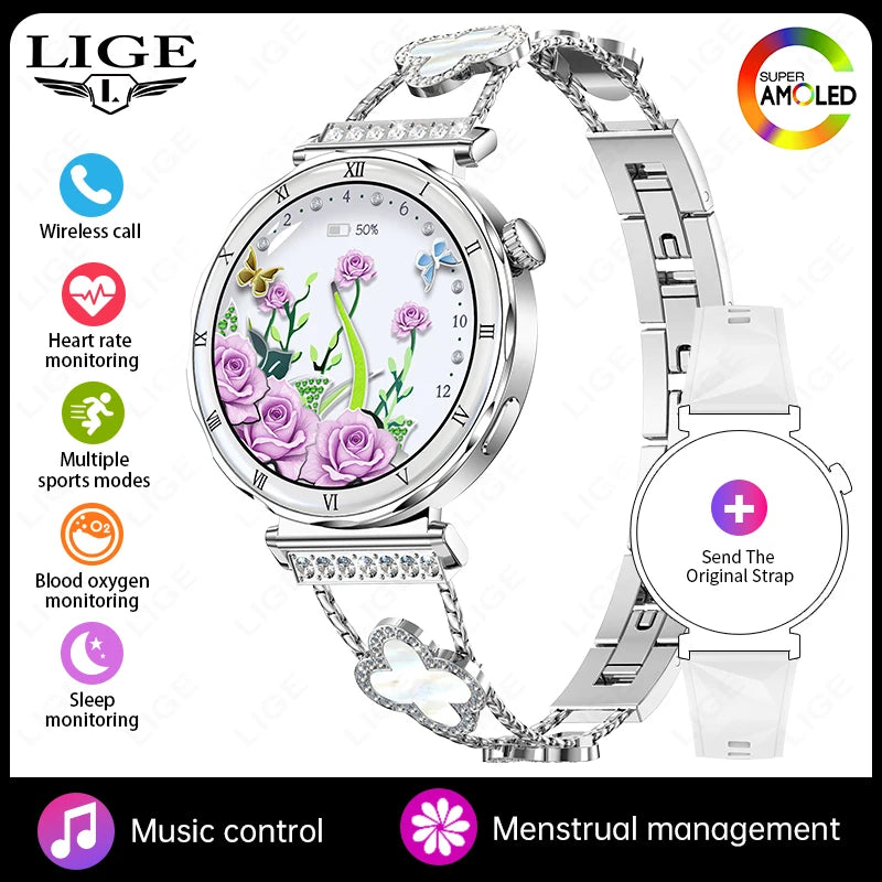 LIGE 1.19"Ultra-Slim AMOLED HD Display Fitness Tracker Smartwatch Bluetooth Call Heart Rate Monitor Waterproof Smart Watch Women