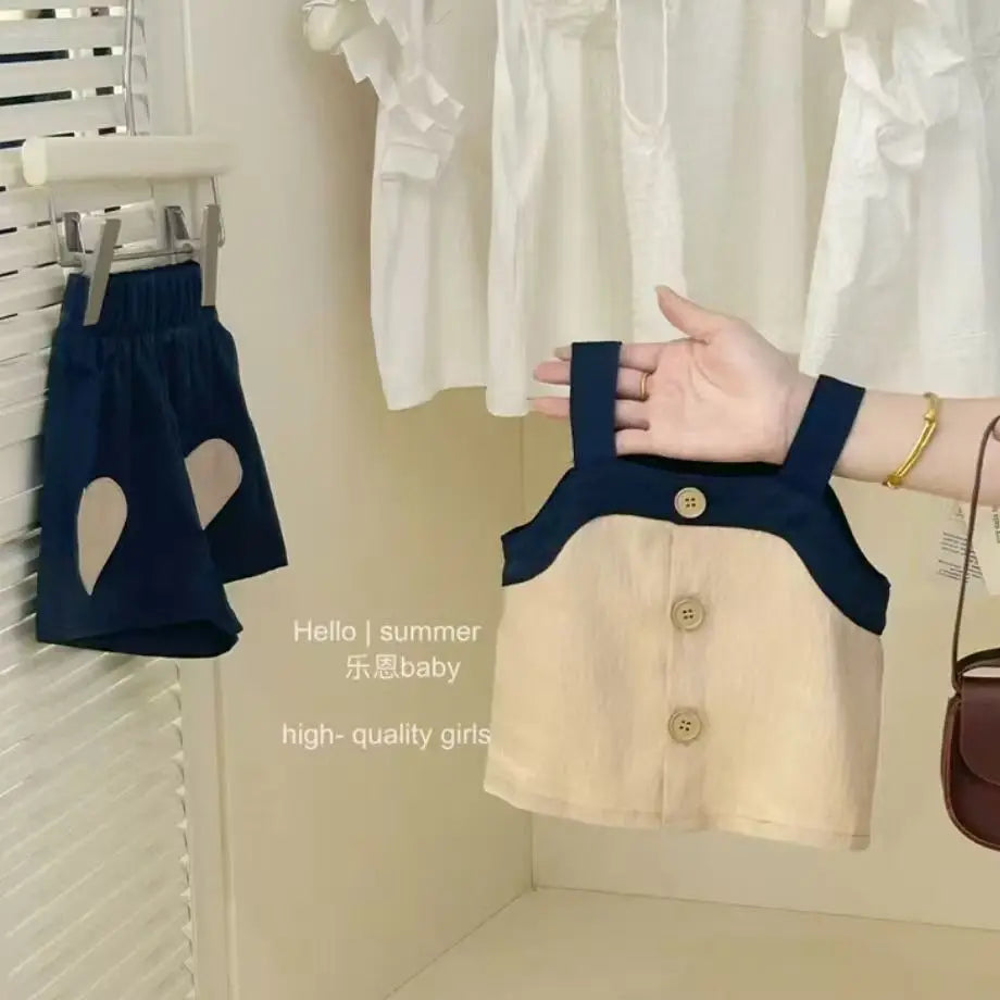 Girls' Summer Clothing Set  2025 New Children's Korean Fashion Square Collar Vest Top + Shorts 2Pcs Set Kids Girls Clothes 1-6Y