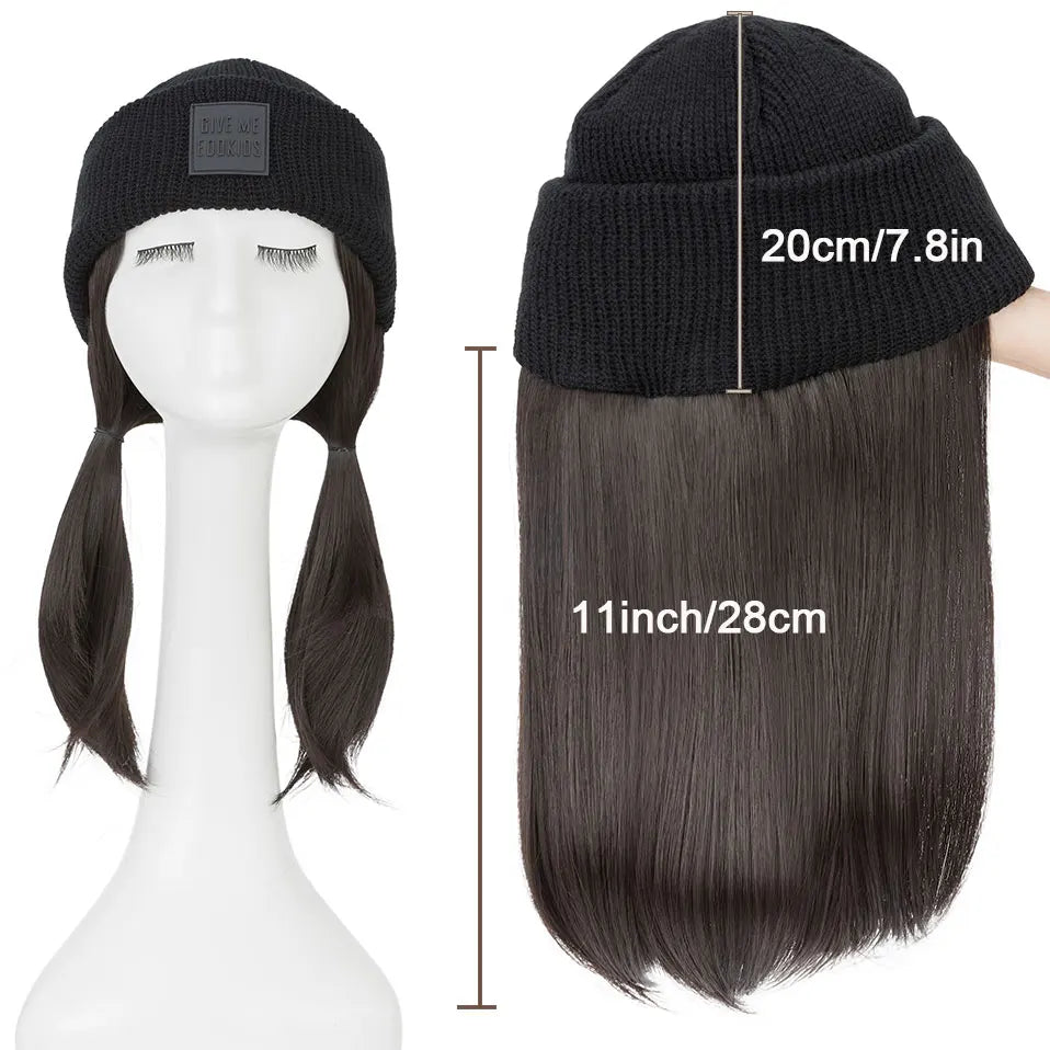 Hat Wig Knitted Beanie Wig Hat Hair Extension Straight Wig Hat Attached 11 Inch Synthetic Hairpiece for Women Girls Winter