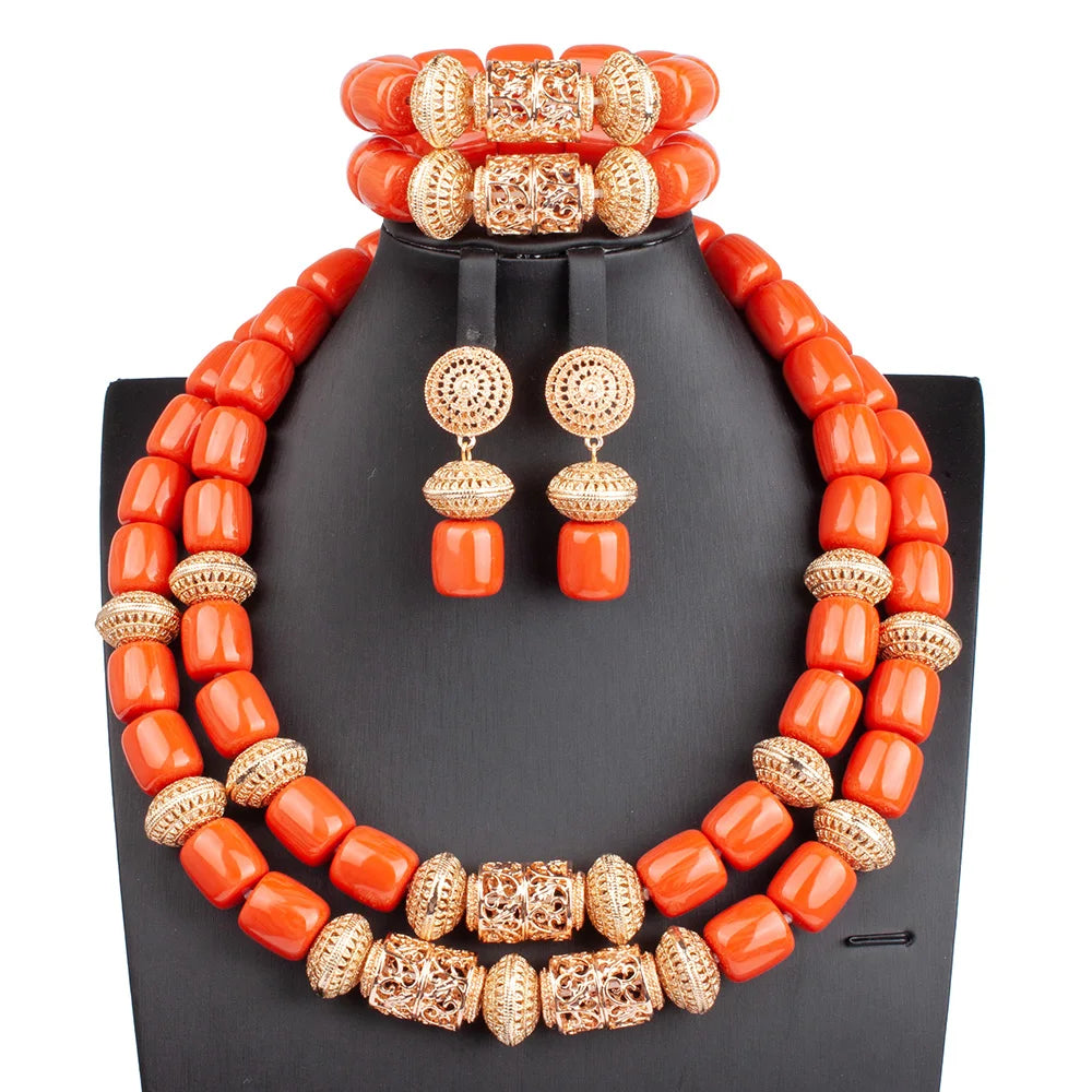 32 inches Long Orange Beads African Jewelry Set Women Bridal Party Costume Necklace Jewelry Set