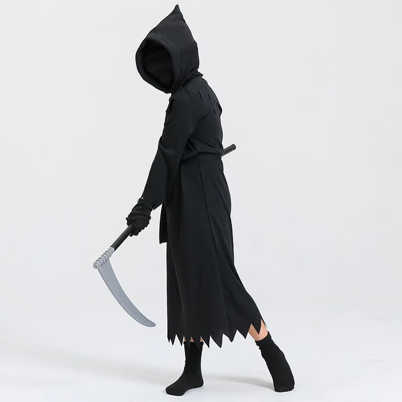 Halloween cosplay costume, Grim Reaper, terrifying skeleton costume, children's glowing red eyes, Grim Reaper ghost robe, sickle