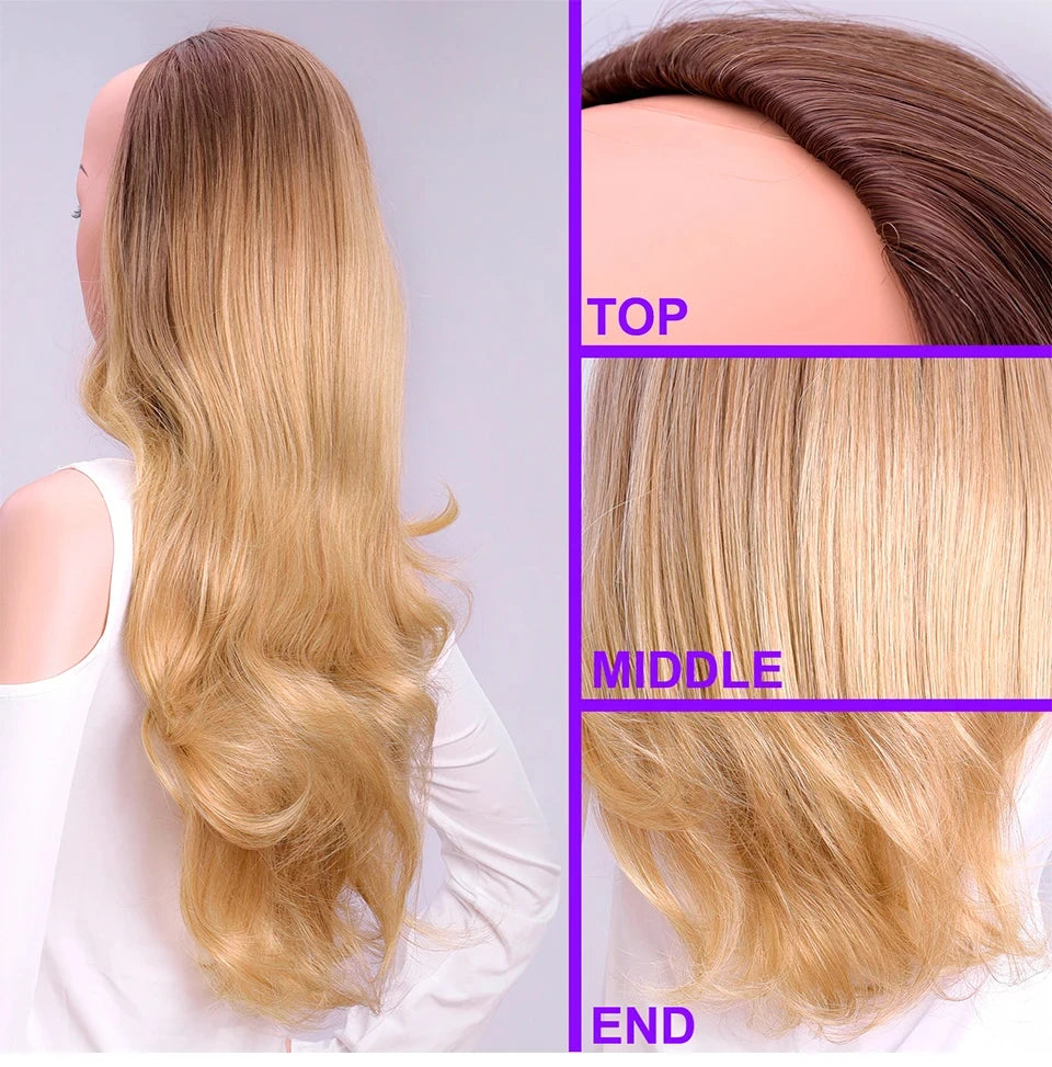 24 Inch Long Wavy Head Tied  3/4 Half Wigs With Clips In, Synthetic Fibers Hair Extension Wigs For Women