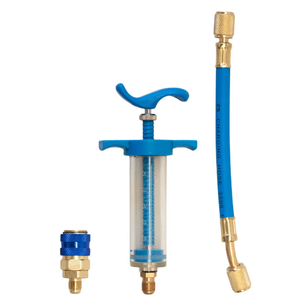 Car A/C Oil/Dye Injector 30Ml 1Oz with Low Side Quick Coupler Adapter 1/4 Air Conditioning Automotive Oiler Injection Syringe