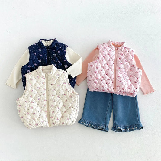 2026 New Winter Girls Quilted Floral Padded Vest | Thick Cotton Gilet | Cute Warm Outwear
