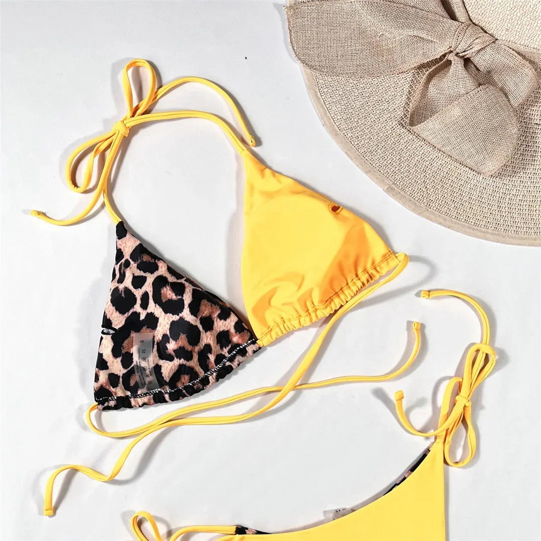 Halter Splicing Leopard Bikinis 2026 Satin Bikini Female Swimsuit Women Swimwear Two-pieces Bikini Set Micro Bathing Suit Swim