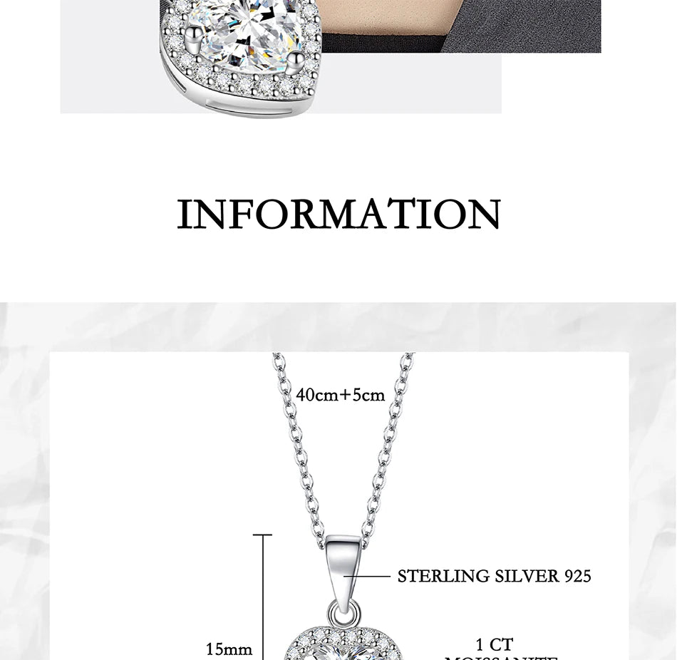 PERFANY 1CT Heart Cut Moissanite Necklace for Women S925 Pure Silver Sparkling Diamond Pendant Fashion Jewelry Party Gift