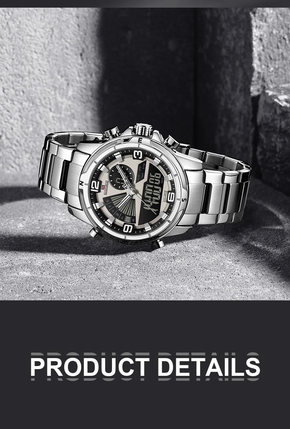 NAVIFORCE Men's Watch 3ATM Waterproof Multifunctional Dual Display with Date Stainless Steel Strap Luxury Business Wristatch