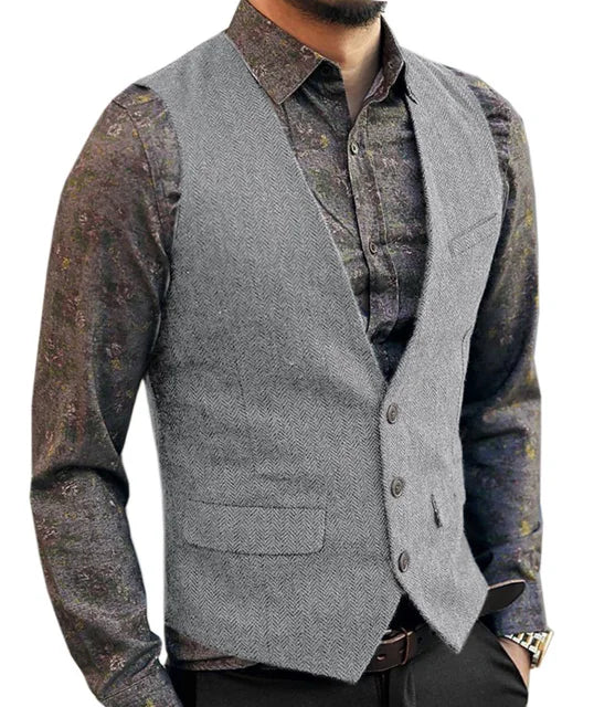 Deep V-Neck Suit Vests  Classical Formal  Business Herringbone  Wood Waistcoat Slim Fit Men's Vest For Wedding