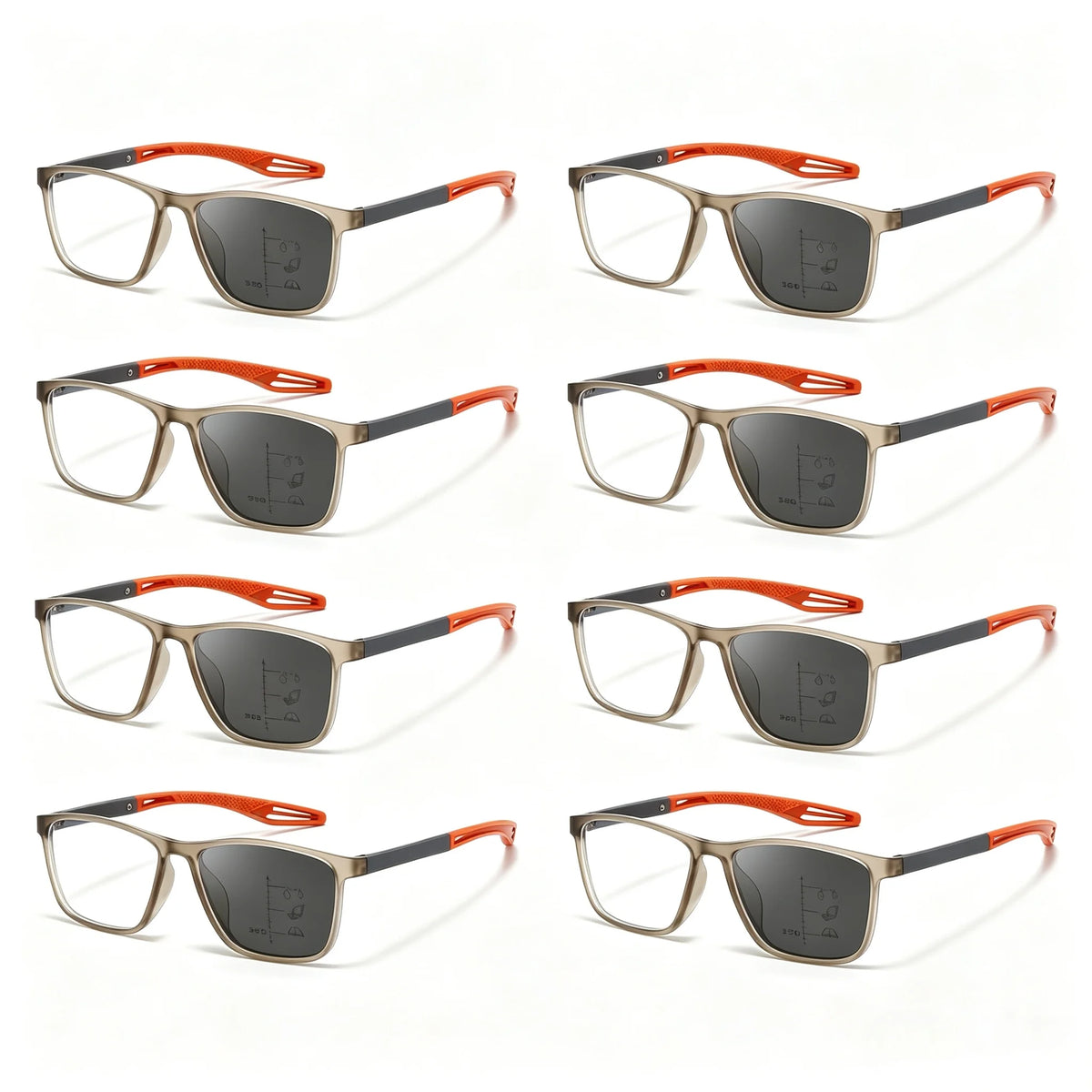 8PCS 3in1 Photochromic Multifocal Reading Glasses Progressive Look Far and Near Eyeglasses Men Sport  Anti Blue Light Grade