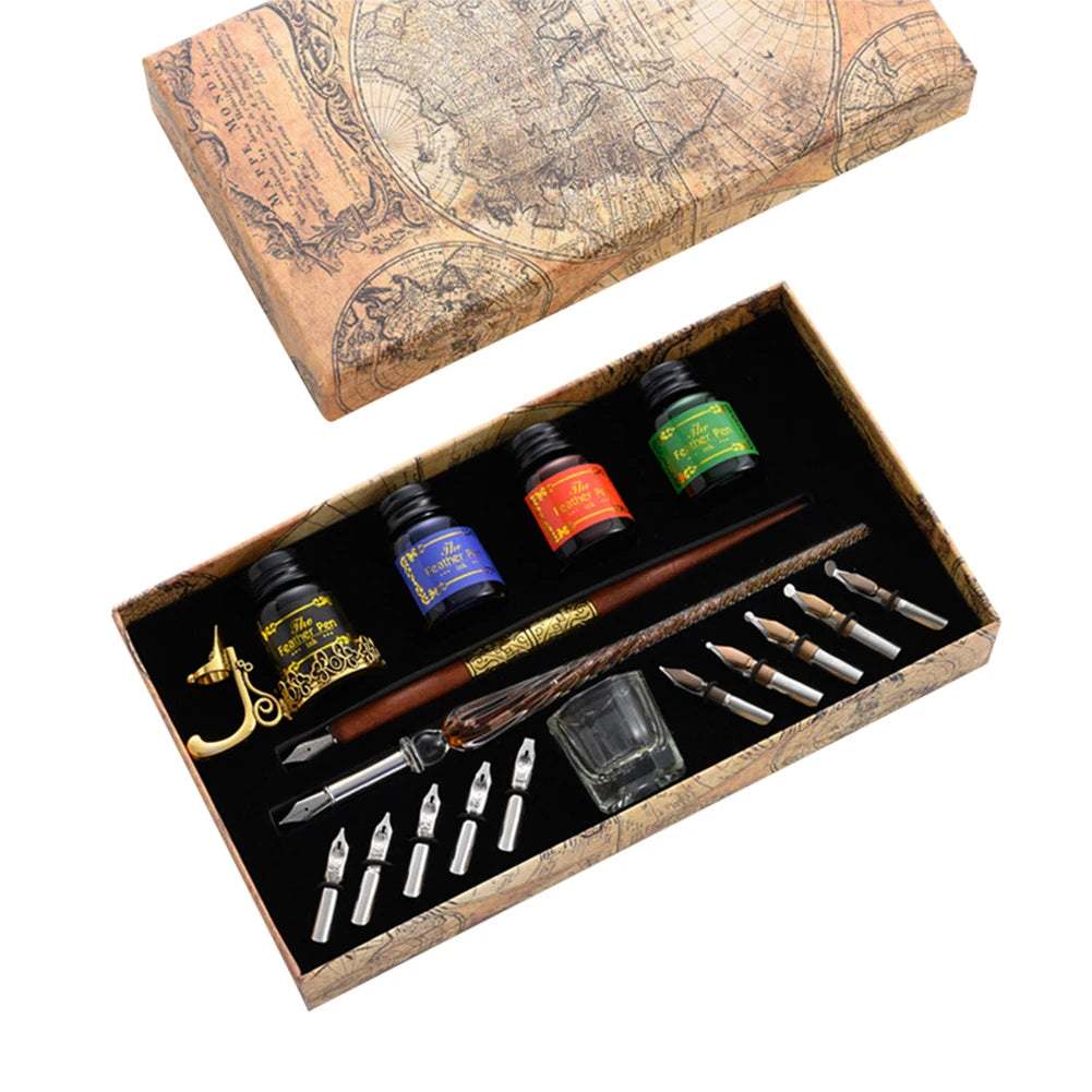 Retro European Star Starry Sky Glass Fountain Dip Pen Set Student English Ink Calligraphy Pen Birthday Writing Stationery Gift