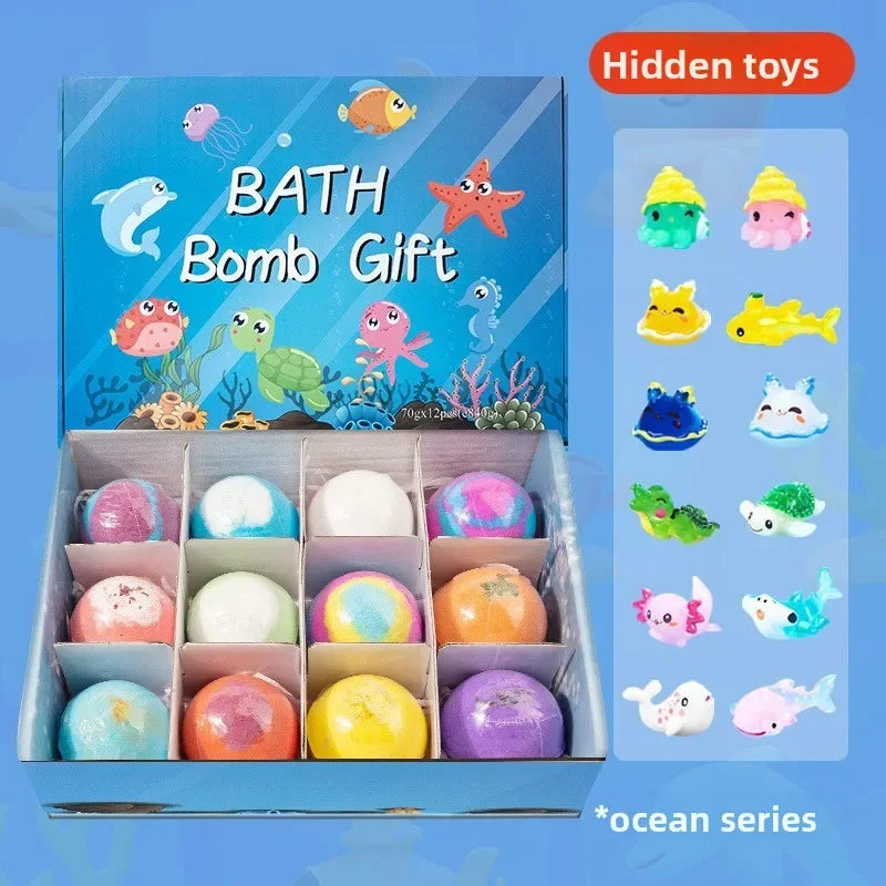 12PCS Bath Bombs Kids Bath Gift Ocean Bath Ball With Hidden Toys Sea Salt Flower Fruit Scented Bubble Ball Foot Bath Set