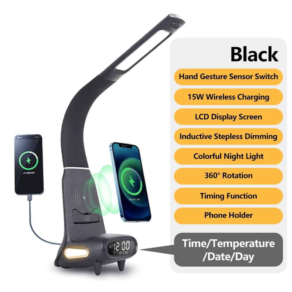 Multi-Function Eye-Protecting Reading Desk Lamp for Students 3000K-6000K Stepless Dimming 15W Wireless Fast Charging Study Light