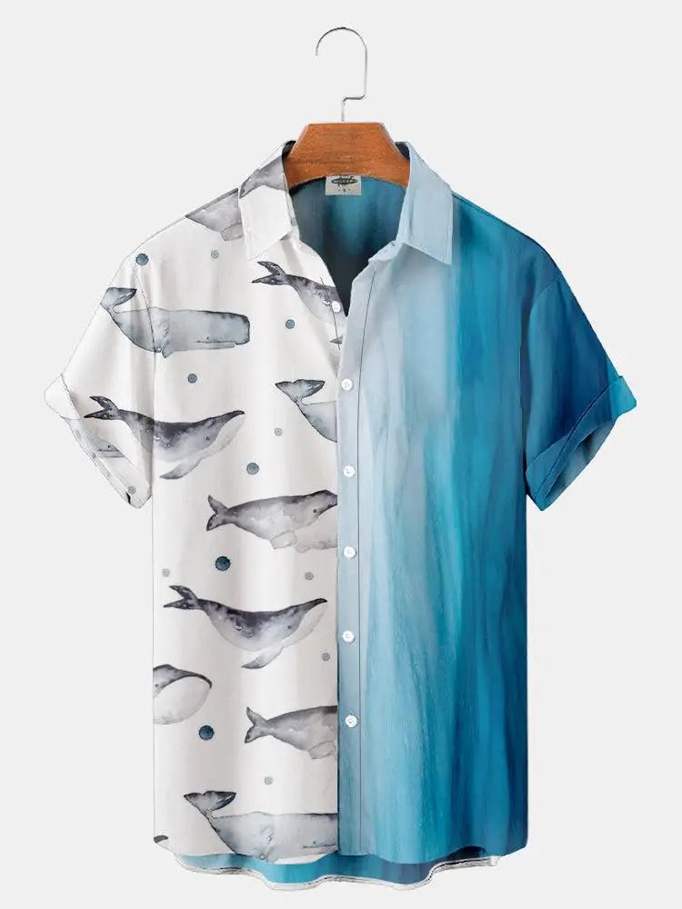Fashionable summer turtle print shirts Hawaiian button Men's beach short sleeved Casual lapel