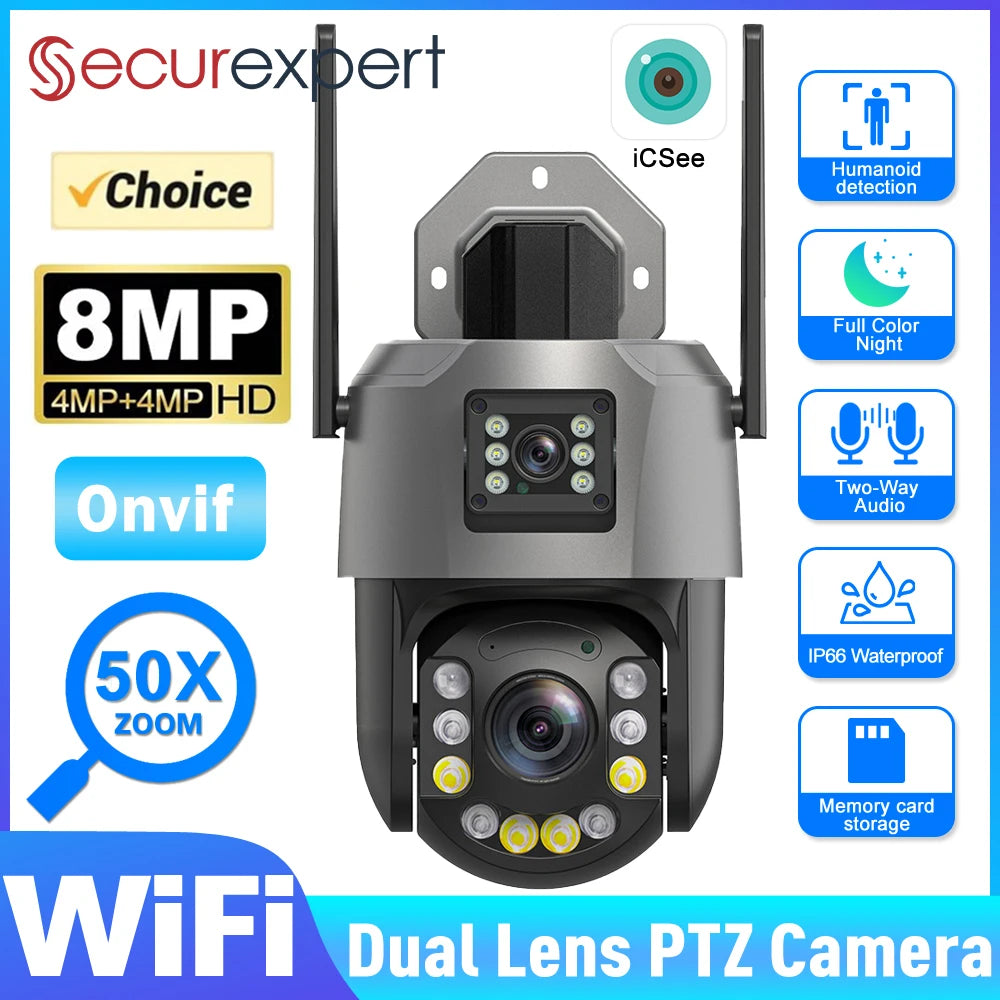Securexpert 8MP 50X Zoom PTZ Camera WiFi Dual Lens 4K 20X Outdoor Surveillance 120m Ultra Long IR Vision ONVIF Security Camera