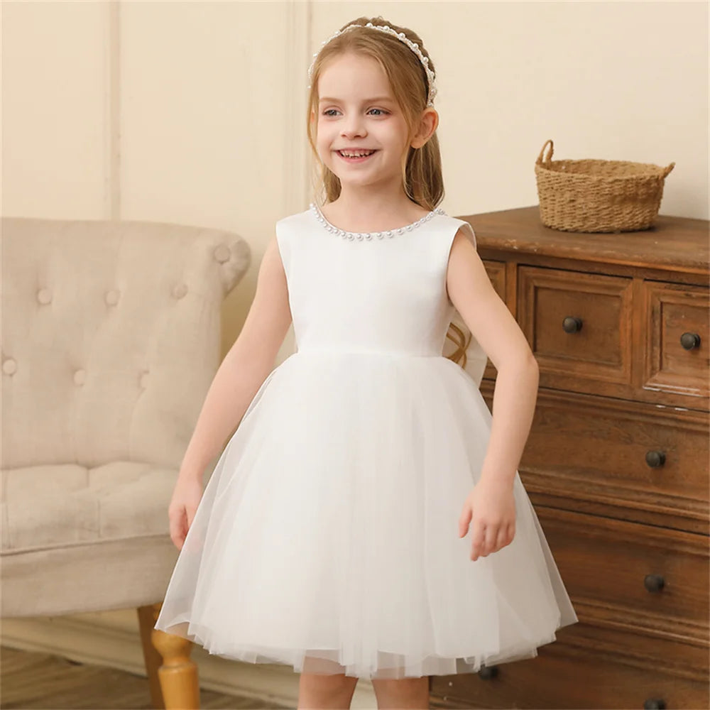 Toddler Girl Flower Birthday Tulle Pearl Dress Backless Bow Wedding Gown Baby Girl Bowknot Dresses Kid Party Wear Princess Dress