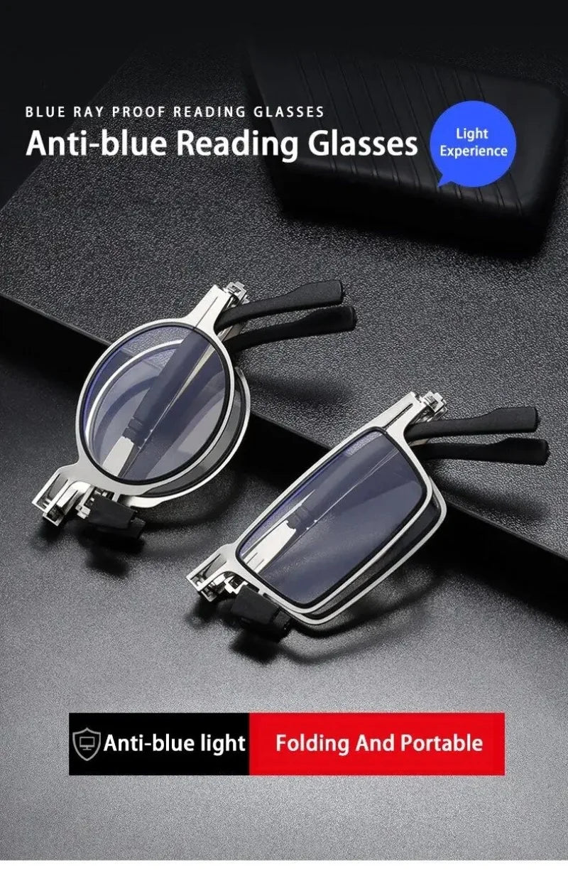 Unisex Folding Reading Glasses Transparent Lenses Full Metal Frame Anti Blue Light Comes with Case for Men and Women