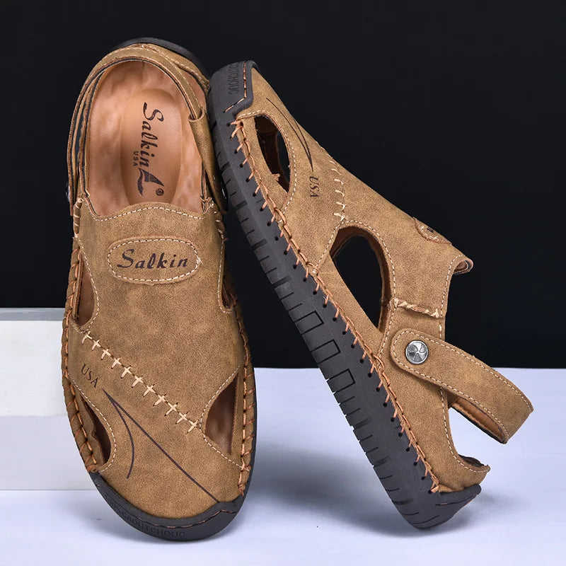 New Handmade Summer Sandals Men Breathable Leather Shoes Man Outdoor Men Sandals Antiskid Beach Sandals Hollow Shoes Fashion