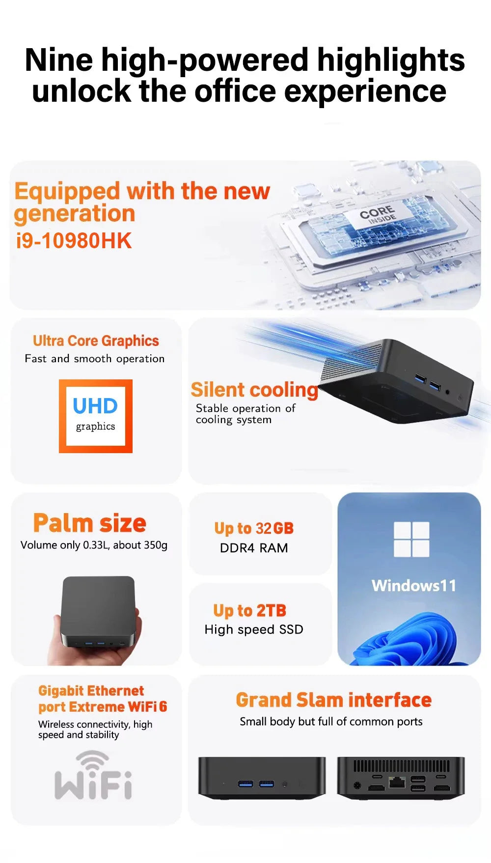 2026 Portable Intel Core i9-10980HK Computer Windows11 Pro 32GB RAM 1TB SSD Gaming Computer Dual-Band WiFi6 game Mini Desktop PC