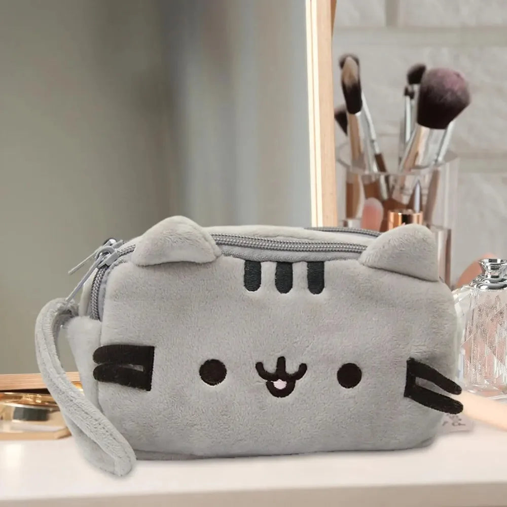 Plush Pencil Case Cute Cat Makeup Bag Large Capacity Portable Plush Animal Stationery Storage Pouch Zipper Closure Pen Case