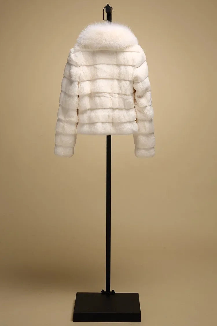OFTBUY 2024 New Real Rabbit Fur Coat with Fox Fur Collar Women Full Pelt Fox Fur Jacket Winter Rabbit Fur Waistcoat High Street