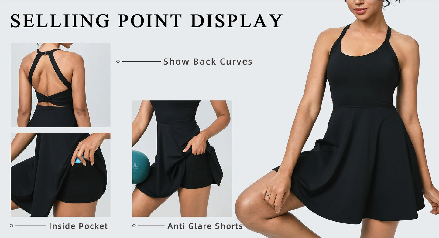 Summer Women Sexy Backless Tennis Dress Sleeveless A-lined Athletic Dress Built-in Bra & Shorts Ladies Elastic Workout Skirts