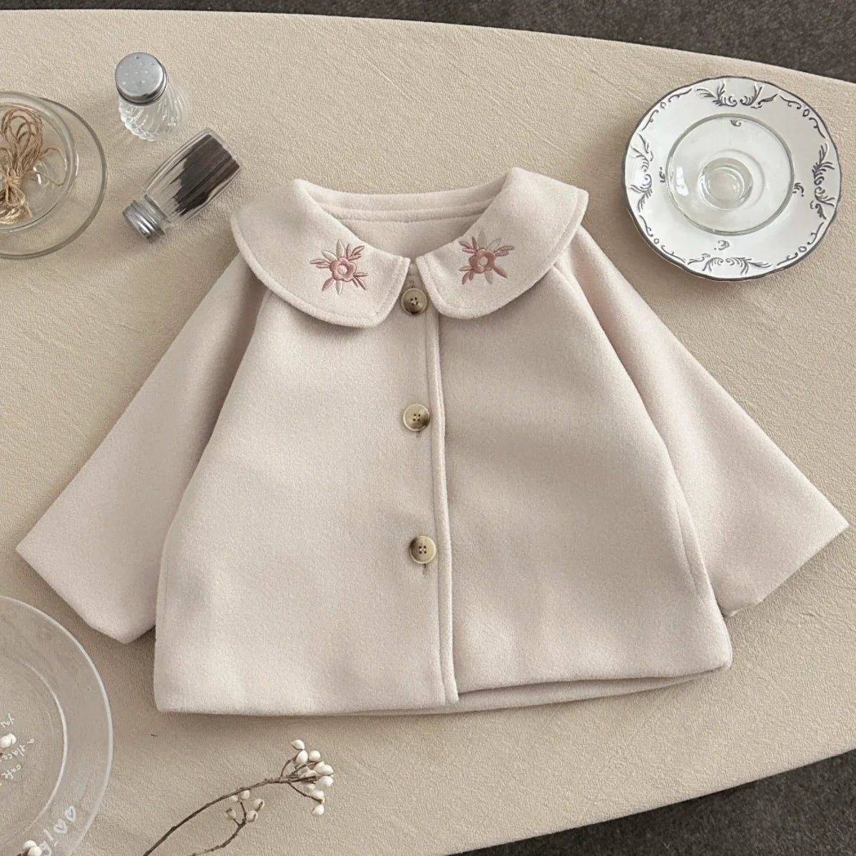 Soft Warm Baby Woolen Fabric Coat Beige/Camel Cute Sun Embroidery Lapel Jacket Infant Toddler Autumn Winter Going Out Outerwear