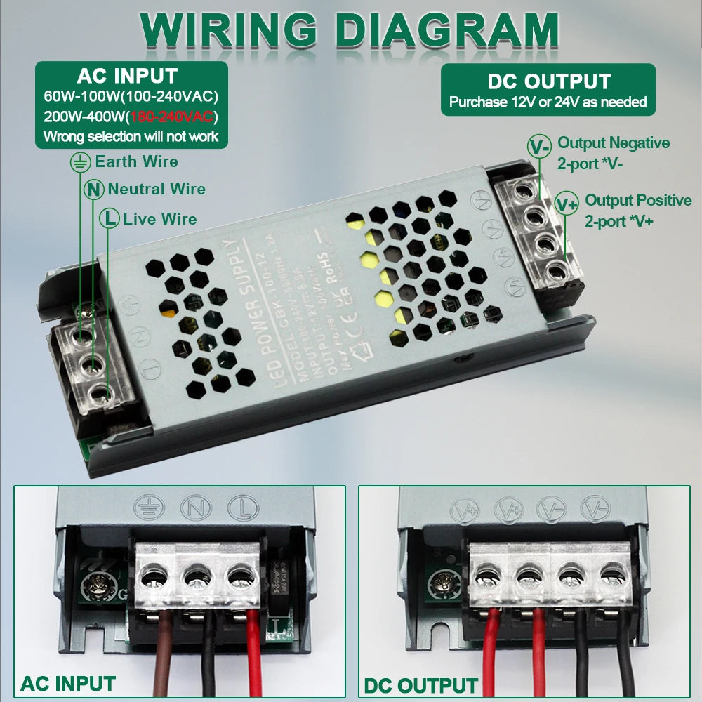 Ultra-thin silent LED power supply DC 12V 24V transformer supply 60W-400W power  AC 100-265V quality ultra thin led transformers