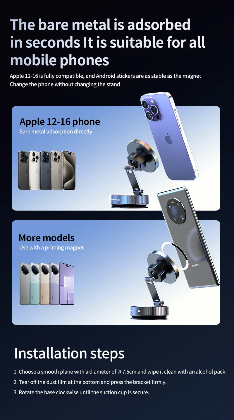 15W Vacuum Suction Magnetic Wireless Charger Car Phone Holder Mount 360 degree Rotatable Compatible with Smartphones for iPhone