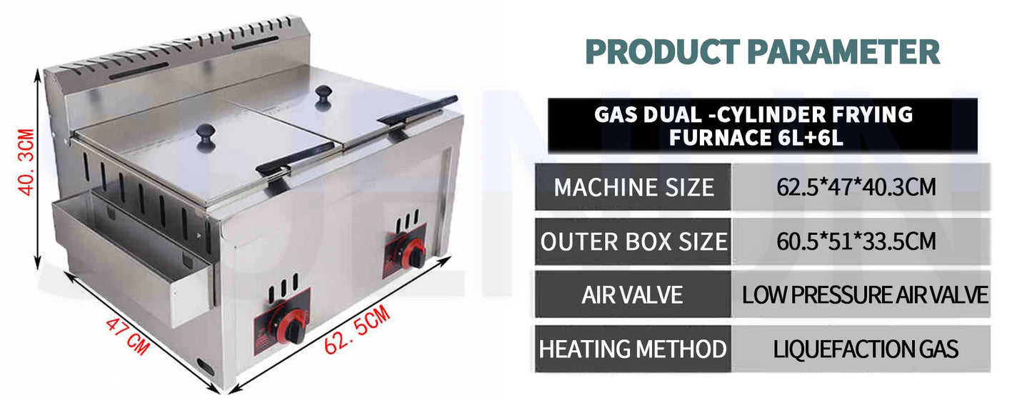 12L Stainless Steel Gas Fryer Countertop Fried Chicken French Fries Machine Commercial Deep Fryer Machine with Dual Tanks