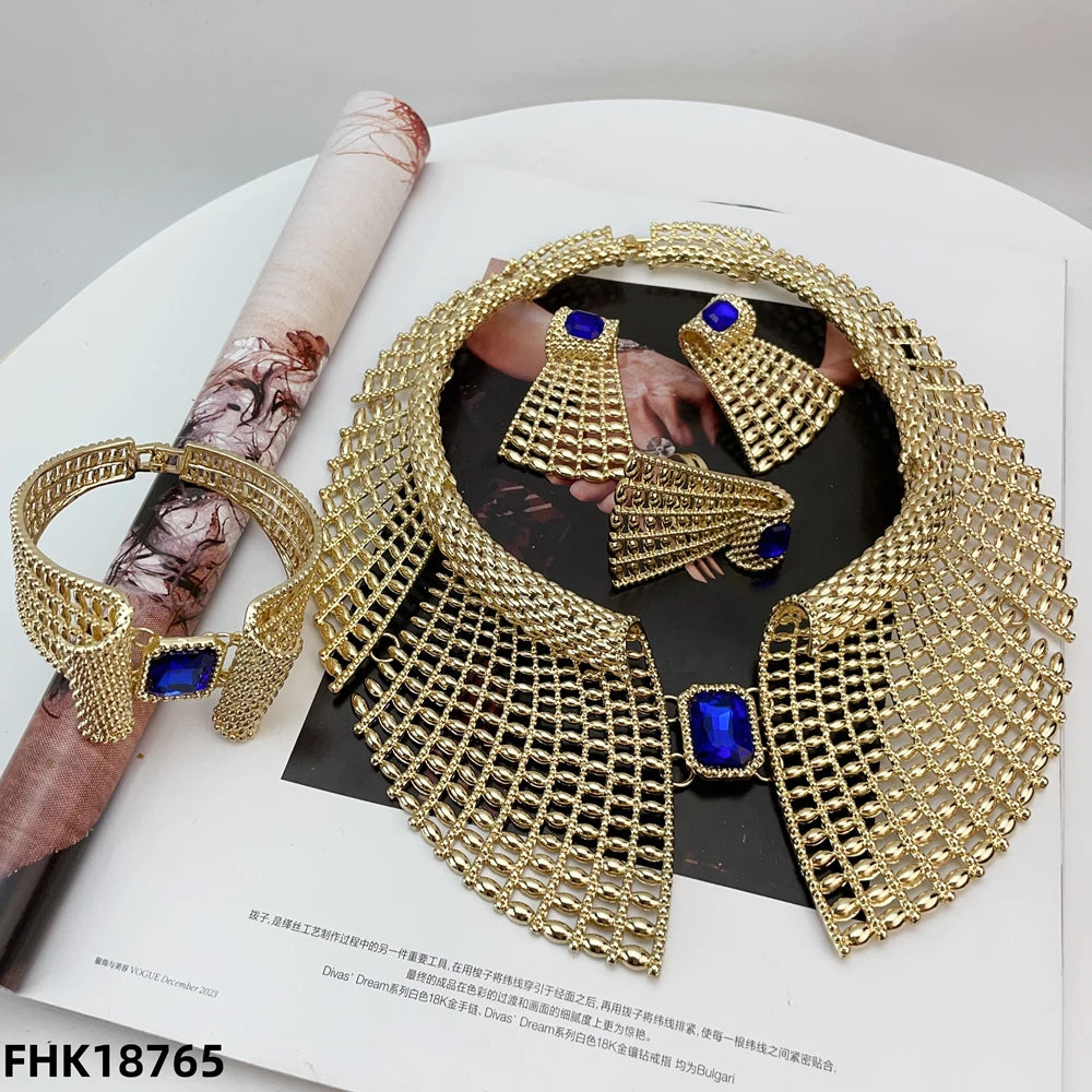 Nigeria Original 18K Gold Plated Jewelry Set Women Big Bold Necklace Earrings Bracelet Ring Wedding Party Accessor FHK18356