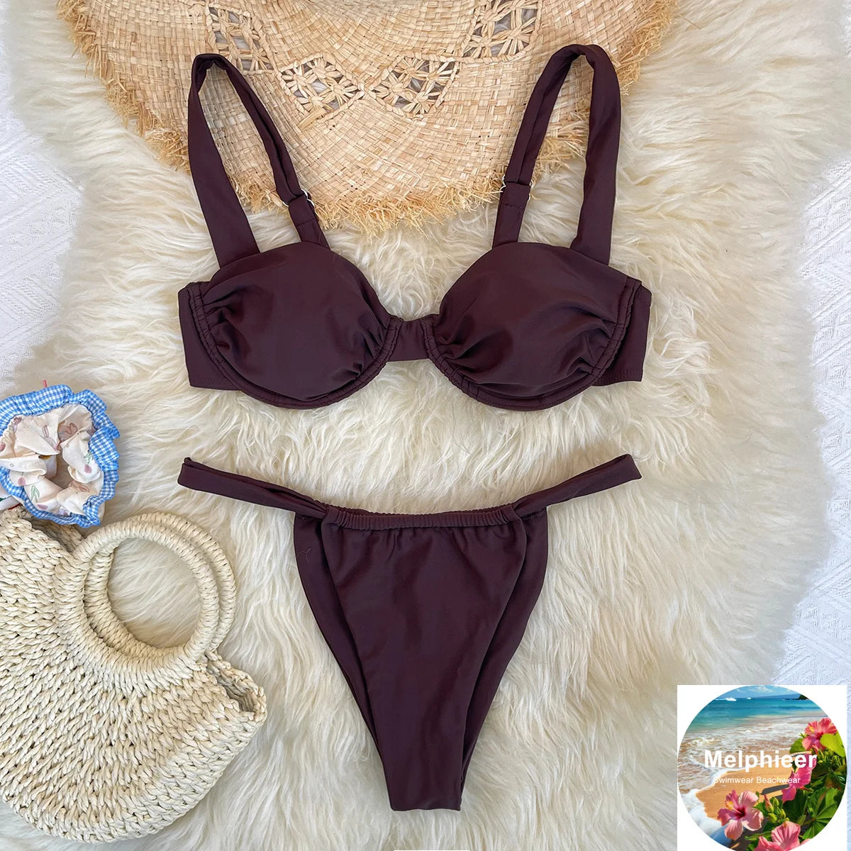 Melphieer Women's Solid Color Bikini Set Strappy Bandage Push-Up Swimsuit Summer Lady Beach Pool Club Swimwear Bathing Suit