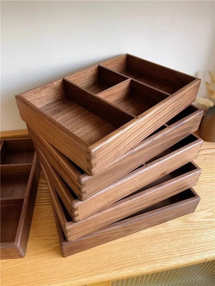 Compartment Solid Walnut Desk Organizer Precision-Crafted Wooden Storage Box for Office Supplies & Stationery