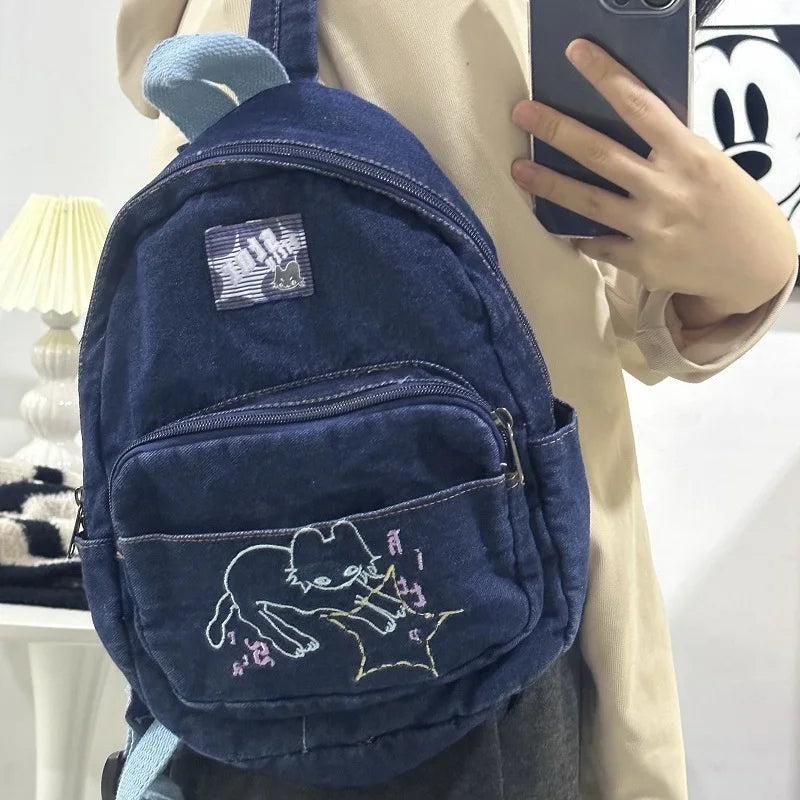 Fashion Small Denim Backpack Kawaii Cat School Bag Mini Cute Schoolbag Deep Blue Backpacks Aesthetic Japanese Preppy Book Bags