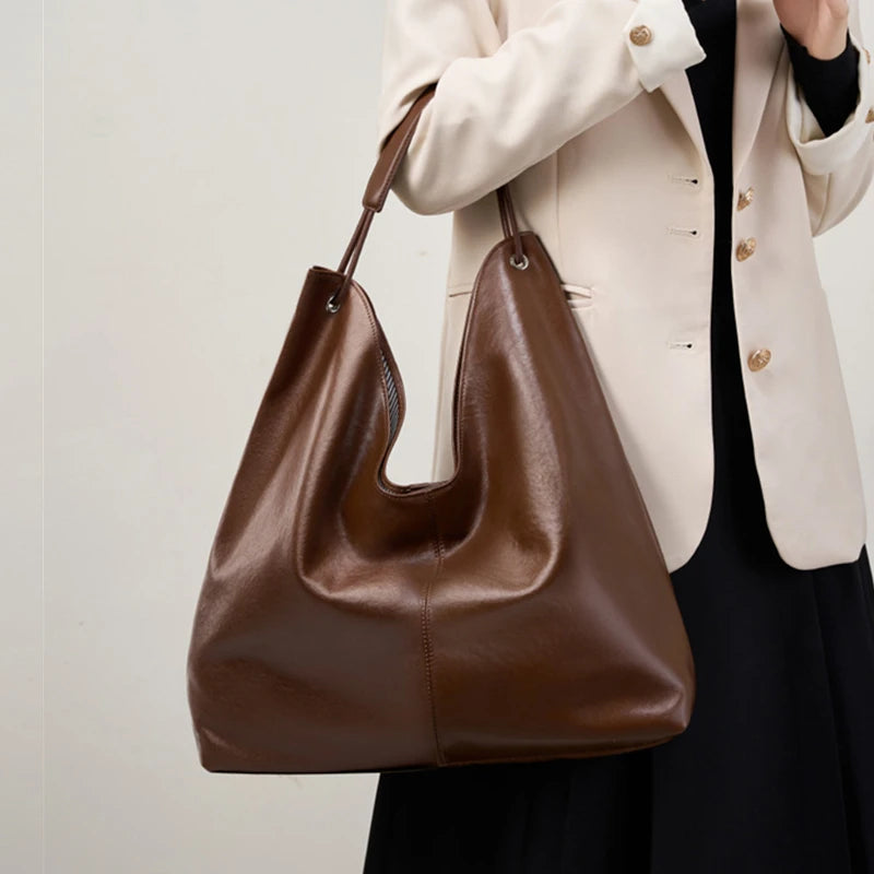 Toptrends Cowhide Genuine Leather Large Underarm Shoulder Bags For Women 2025 Luxury Designer Hobo Tote Bucket Ladies Handbags