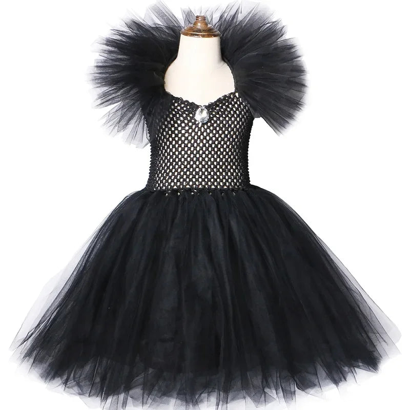 Girls Black Evil Queen Maleficent Tutu Dress Horns Wings Dark Witch Cosplay Carnival Halloween Costume for Kids Fancy Clothes