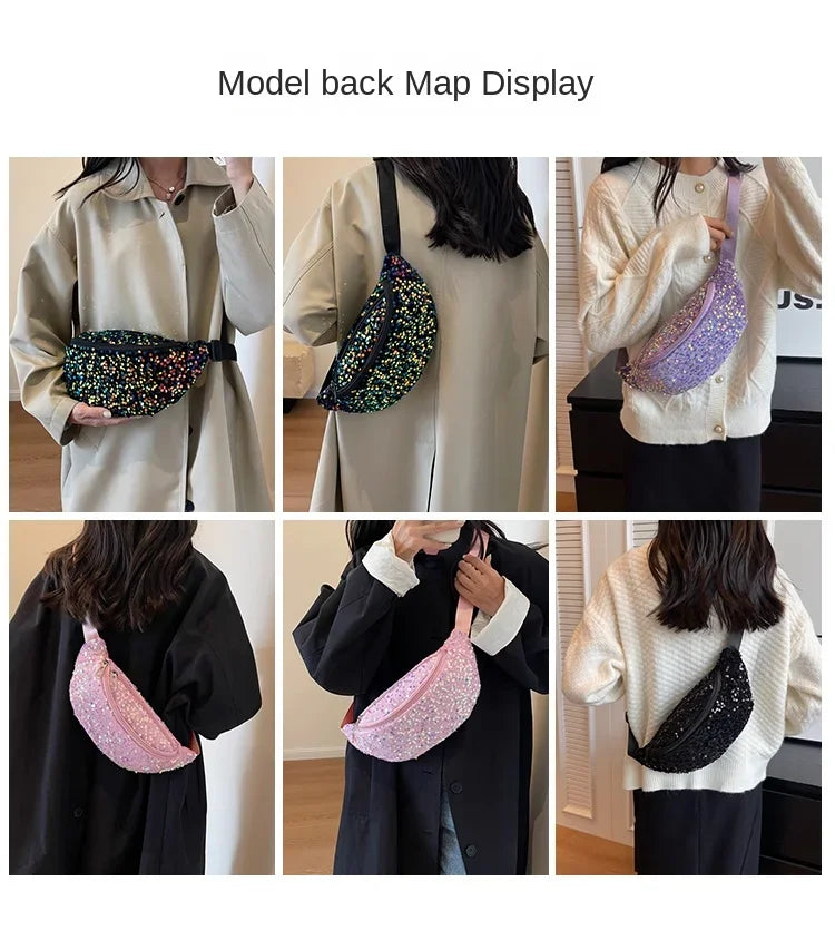 Light Luxury Zipper Fashion Women's Crossbody Bags New Best-selling Sweet Sequin Design Ladies Waist Packs Bolsas Femininas