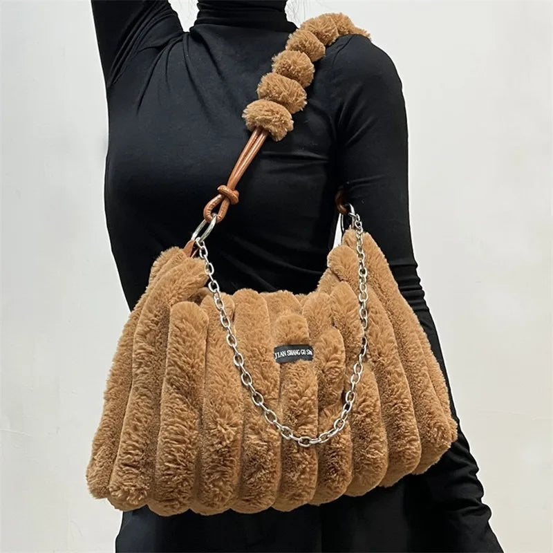 Women's Large Plush Tote Bag with Crossbody/Handheld Carry Soft Striped Plush Exterior Cozy Handbag for, Travel, Everyday Use